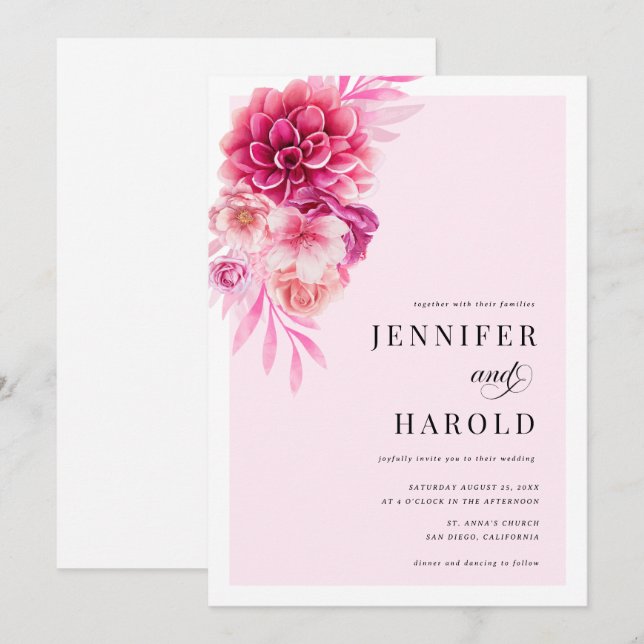 Invitation Mariage vibrant Fleurs roses chaudes (Devant / Derrière)