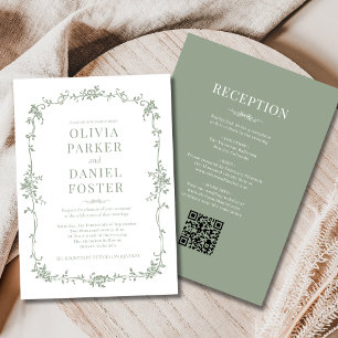 Invitation Mariage Victorien Vert Sauge Tout en Un Français
