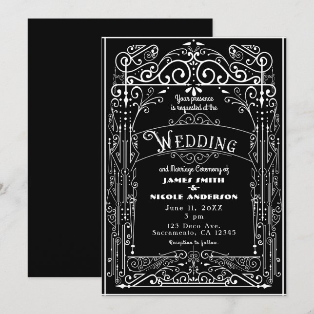 Invitation Mariage Victorien Vintage noir et blanc (Devant / Derrière)