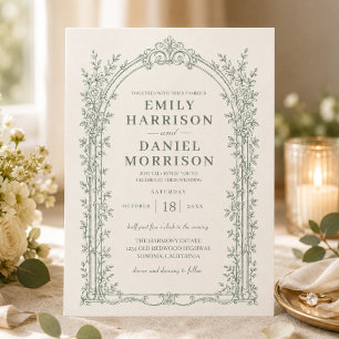 Invitation Mariage victorien vintage vert sauge