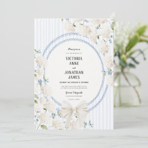 Invitation Mariage Vintage à rayures Hydrangea Bleu Blanc