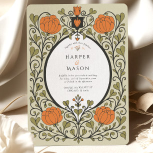 Invitation Mariage Vintage Arts & Crafts Fleur Orange