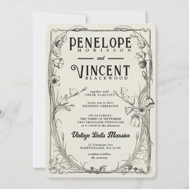 Invitation Mariage vintage Bell Flowers (Devant)