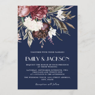 Invitation Mariage Vintage Bourgogne Rose Floral Bleu Nuit