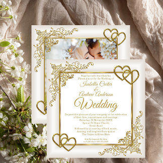 Invitation Mariage Vintage Cream White Gold Hearts Photo