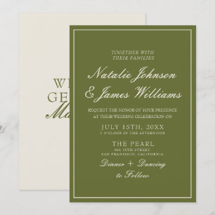 Invitation Mariage Vintage Crème Vert Olive Élégant Argent An