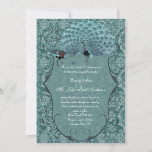 Invitation Mariage vintage damas bleu sarcelle au paon