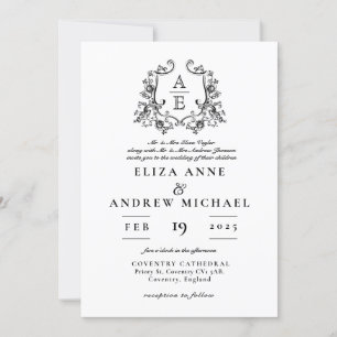 Invitation Mariage vintage de crête de monogramme noir et bla