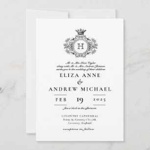 Invitation Mariage vintage de monogramme de crête noire et bl
