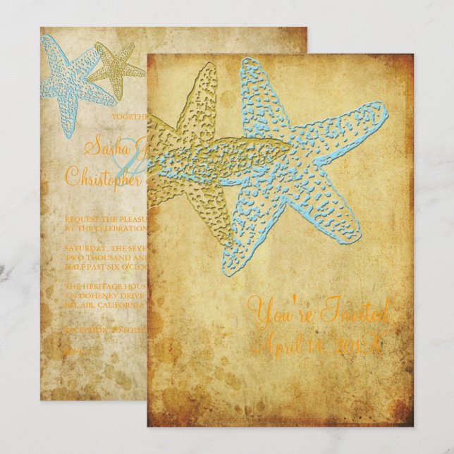INVITATION MARIAGE VINTAGE DE STARFISH/PLAGE (Devant / Derrière)