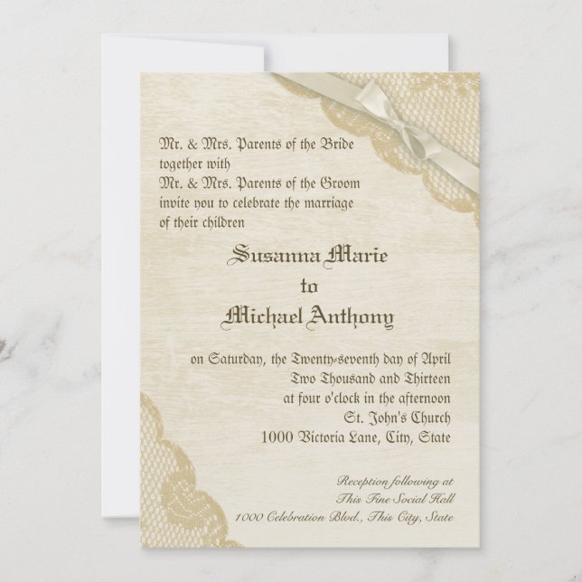 Invitation Mariage vintage dentelle et arc (Devant)