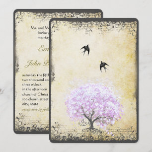 Invitation Mariage Vintage d'oiseaux de l'arbre de la feuille