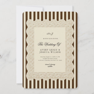 Invitation Mariage Vintage Espresso Brun Rayures & Dentelle