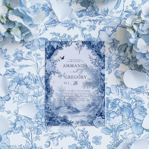 Invitation Mariage vintage Floral Toile Bleu
