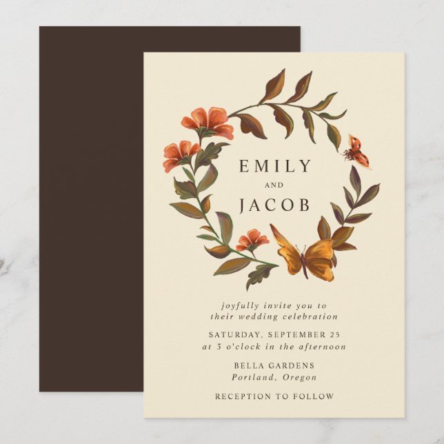 Invitation Mariage vintage Floral Wreath (Devant / Derrière)