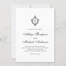 Mariage vintage Monogramme Crest noir blanc Script