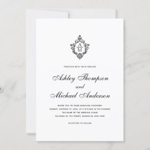 Invitation Mariage vintage Monogramme Crest noir blanc Script