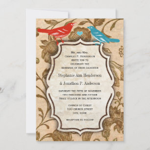 Invitation Mariage Vintage Motif Oiseaux de l'Amour Aqua Roug