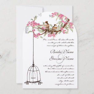 Invitation Mariage Vintage Oiseaux Fleurs de Cerisier Rose Ca