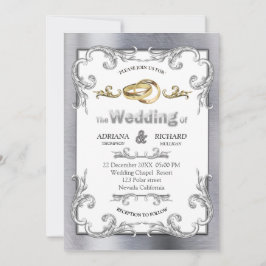 Invitation Mariage Vintage Or-Argent-Bronze Feuille