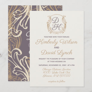 Invitation Mariage Vintage Or Crête Monogramme Violet