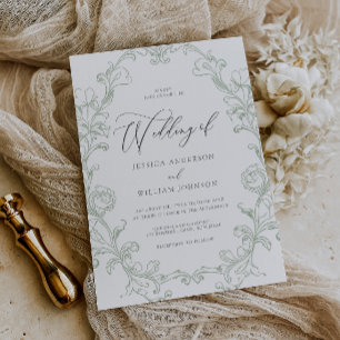 Invitation Mariage Vintage Rococo Sage Dessin au Trait