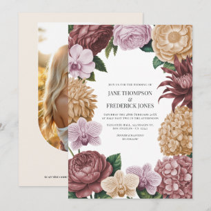 Invitation Mariage Vintage Rose, Pivoine Poussiéreuse et Brun