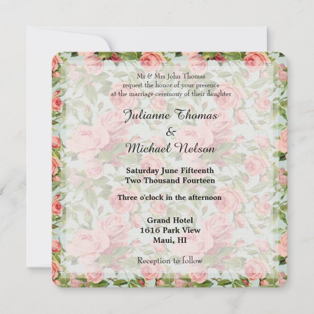 Invitation Mariage vintage Roses roses (Devant)