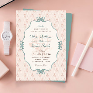 Invitation Mariage vintage ruban pastel bleu rose 