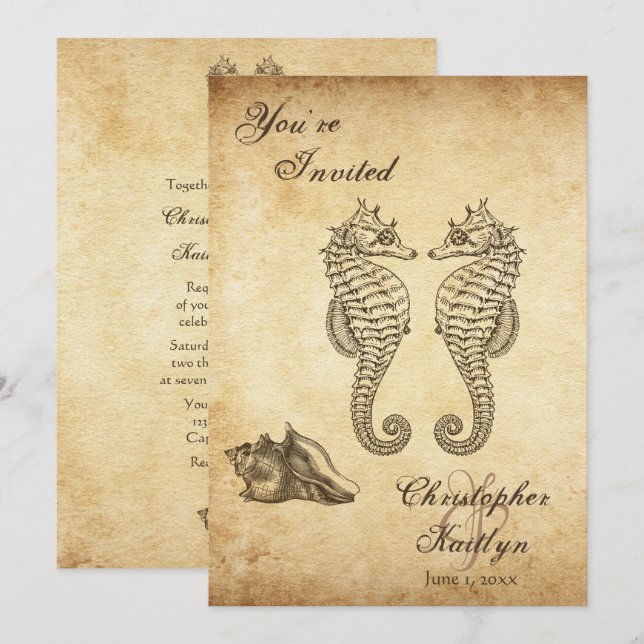 Invitation Mariage vintage Seahorses et Conch Shell Beach (Devant / Derrière)