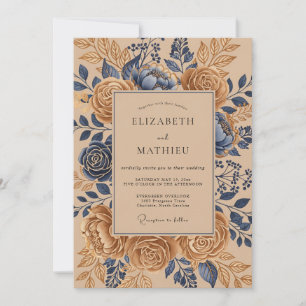 Invitation Mariage Vintage Sublime Bleu Marine et Brun