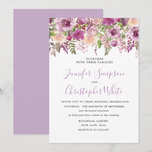 Invitation Mariage violet lavande violette Floral Violet (Devant / Derrière)