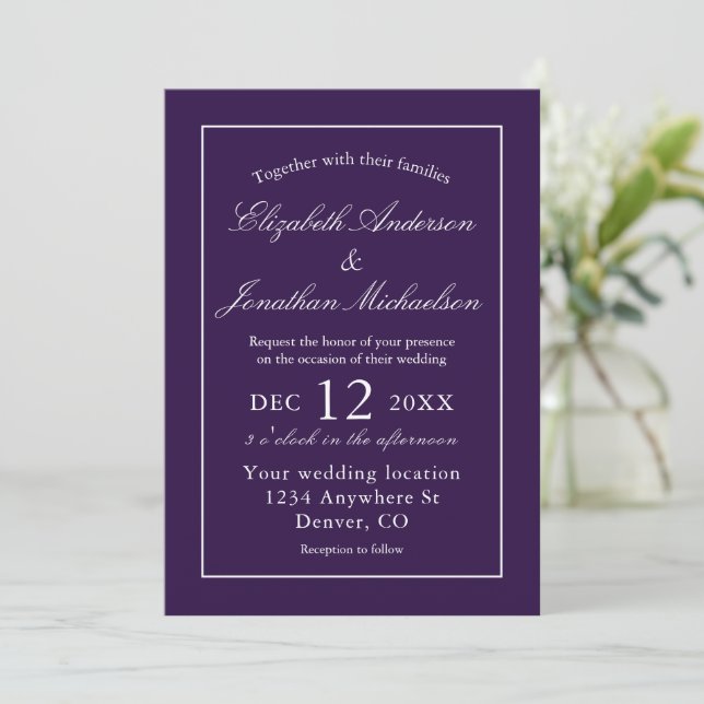 Invitation Mariage violet minimaliste classique (Debout devant)