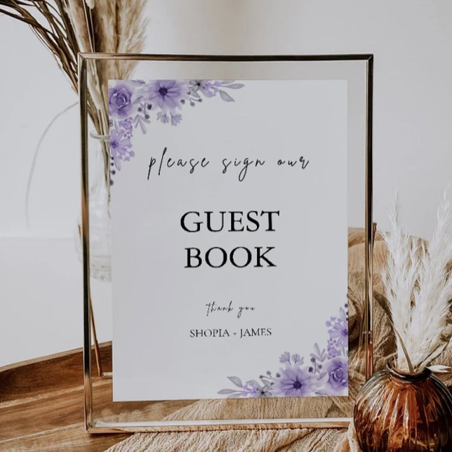 Invitation Mariage violet Modèle des signes du livre d'or (Purple Wedding Guest Book Sign Template)
