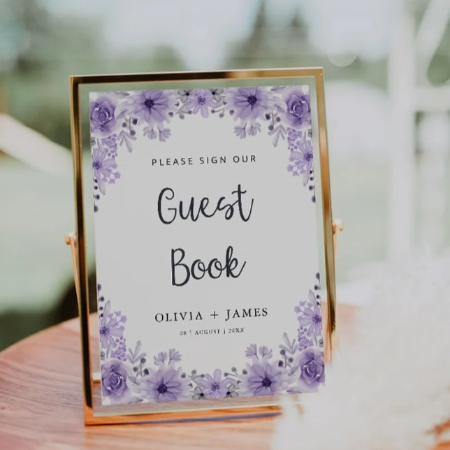 Invitation Mariage violet Modèle des signes du livre d'or (Purple Wedding Guest Book Sign Template)