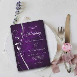 Invitation Mariage violet profond à feuille d'argent