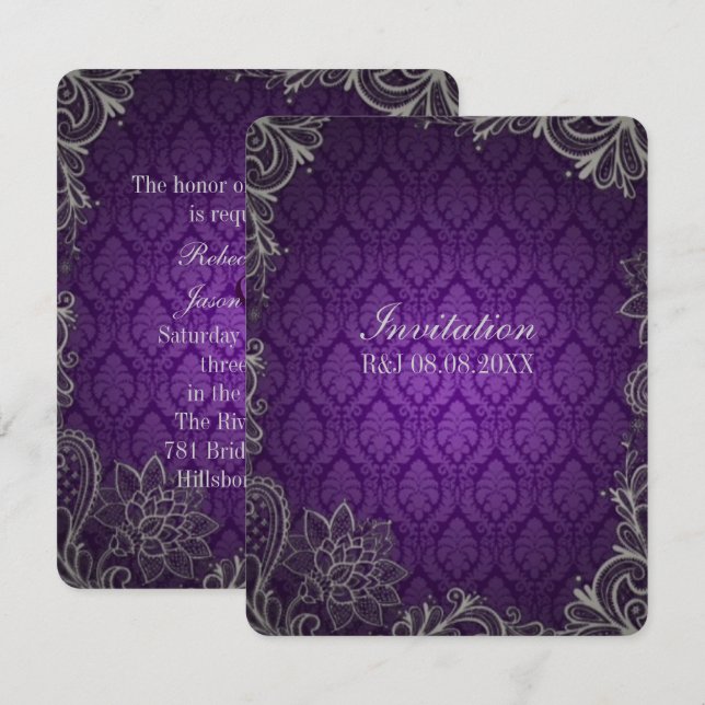 Invitation Mariage violet royal dentelle damassée gothique (Devant / Derrière)