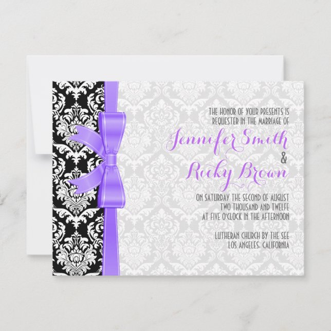 Invitation Mariage Violet Ruban Noir Et Blanc Damas (Devant)