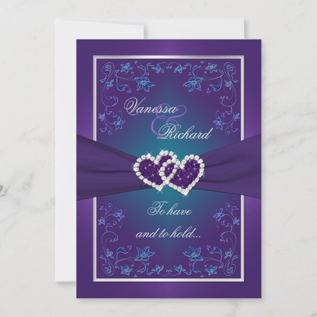 Invitation Mariage | Violet, Turquoise | Floral | Coeurs FAUX (Devant)
