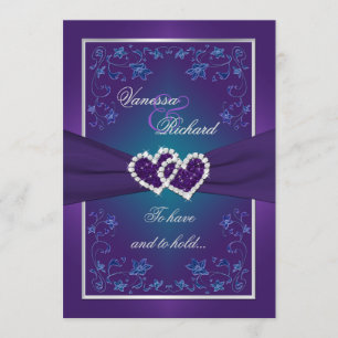 Invitation Mariage Violet, Turquoise Floral Coeurs FAUX