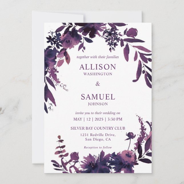 Invitation Mariage violet violet orchidée blanche personnalis (Devant)