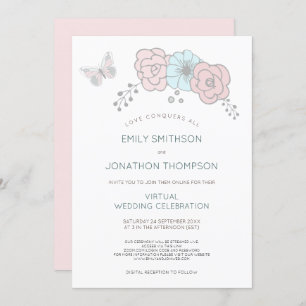 Invitation Mariage virtuel bleu rose bleu à papillon floral m