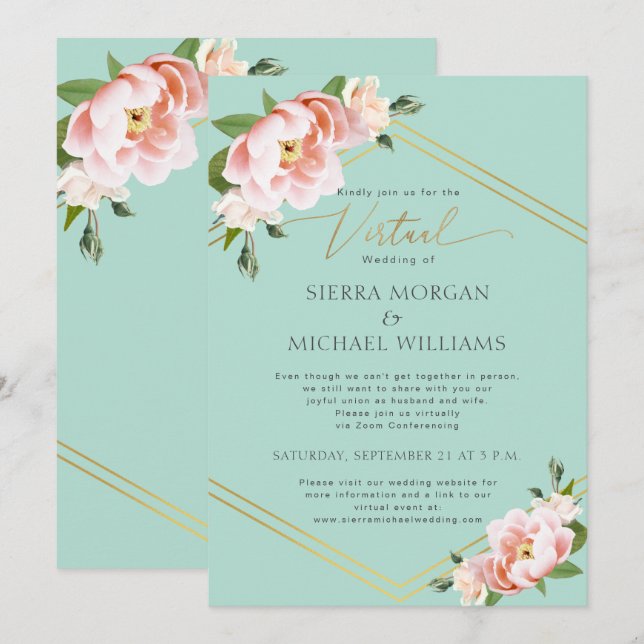 Invitation Mariage virtuel Blush Floral Peony Gold Mint Green (Devant / Derrière)