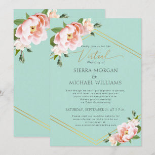 Invitation Mariage virtuel Blush Floral Peony Gold Mint Green