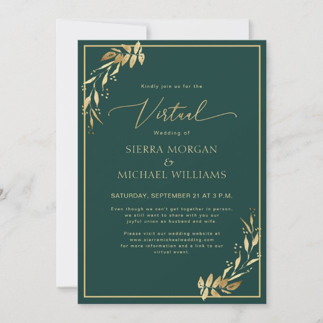 Invitation Mariage virtuel Chic Golden Foliage Emerald Green (Devant)