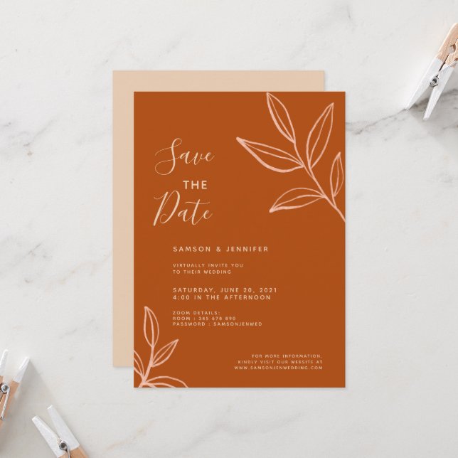 Invitation Mariage Virtuel de Feuilles de Terracotta Enregist (Devant/Arrière en situation)