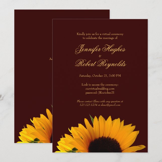 Invitation Mariage virtuel de tournesol rustique (Devant / Derrière)