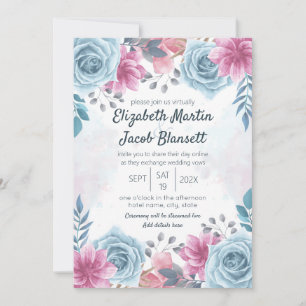 Invitation Mariage virtuel Dusty Blue Rose et rose Floral