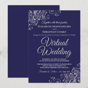 Invitation Mariage Virtuel Élégant Bleu Marine Silver Frills