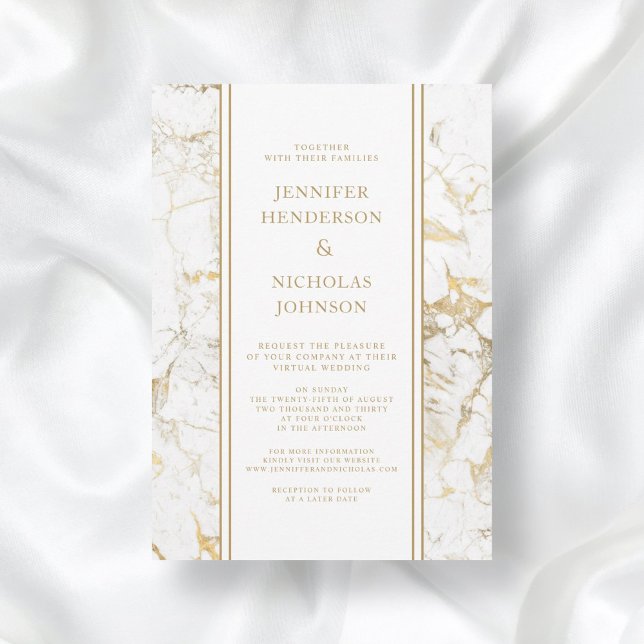 Invitation Mariage virtuel élégant en marbre blanc et or (Elegant White & Gold Marble Virtual Wedding Invitation)